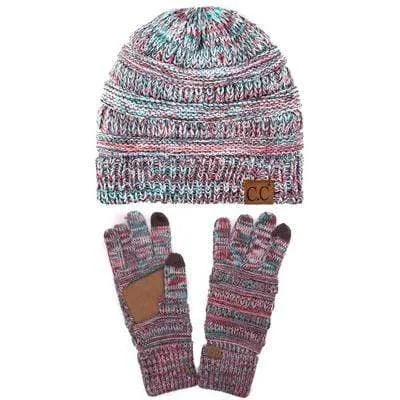 C.C YJ816G816 - Unisex Soft Stretch Cable Knit Three Tone Beanie and Anti-Slip Touchscreen Gloves Set