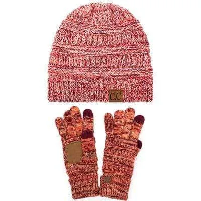 C.C YJ816G816 - Unisex Soft Stretch Cable Knit Three Tone Beanie and Anti-Slip Touchscreen Gloves Set