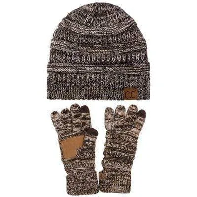 C.C YJ816G816 - Unisex Soft Stretch Cable Knit Three Tone Beanie and Anti-Slip Touchscreen Gloves Set