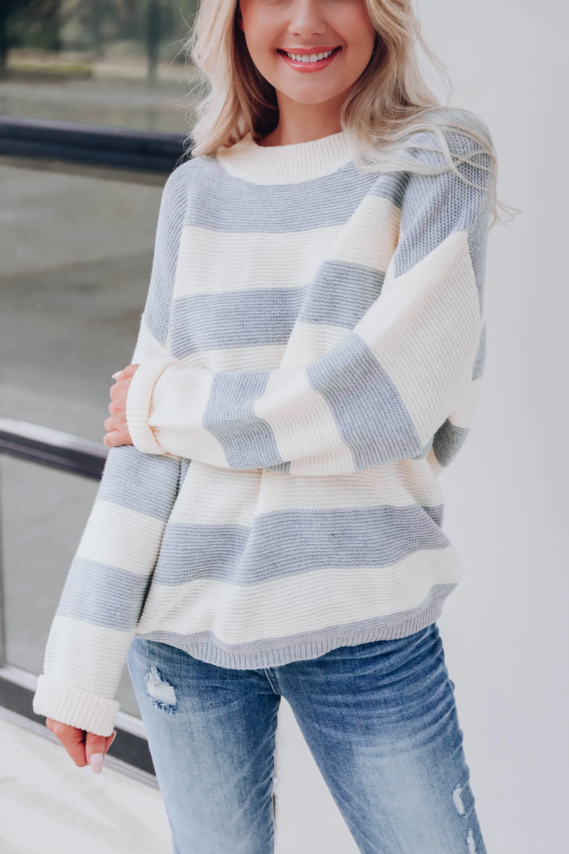 Chunky Knit Striped Sweater - Grey