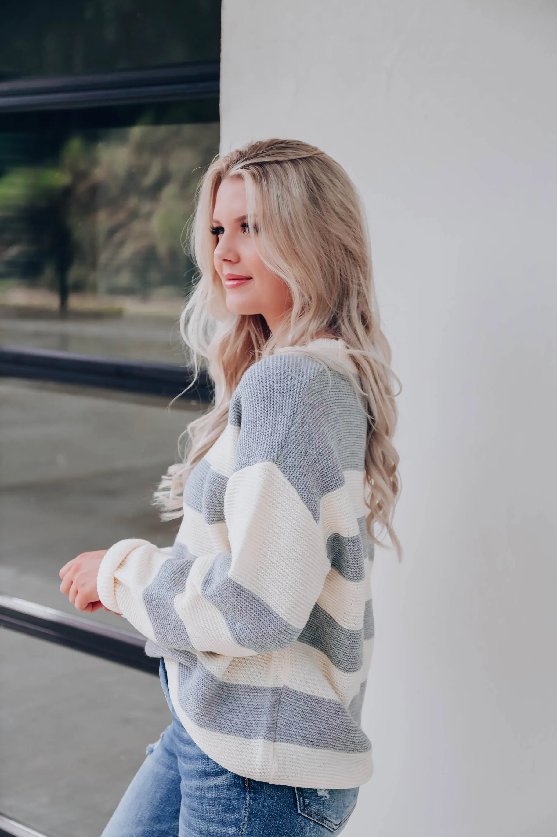 Chunky Knit Striped Sweater - Grey