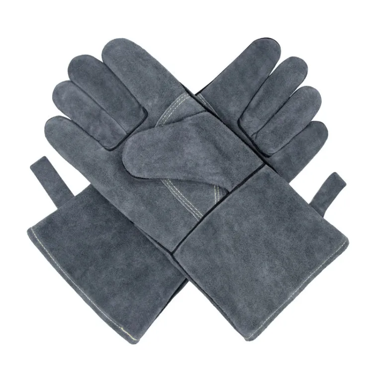 Cowhide BBQ Gloves Thickened Anti-hot Oven Welding Protection Gloves, Specification: A2416 14 inch Gray