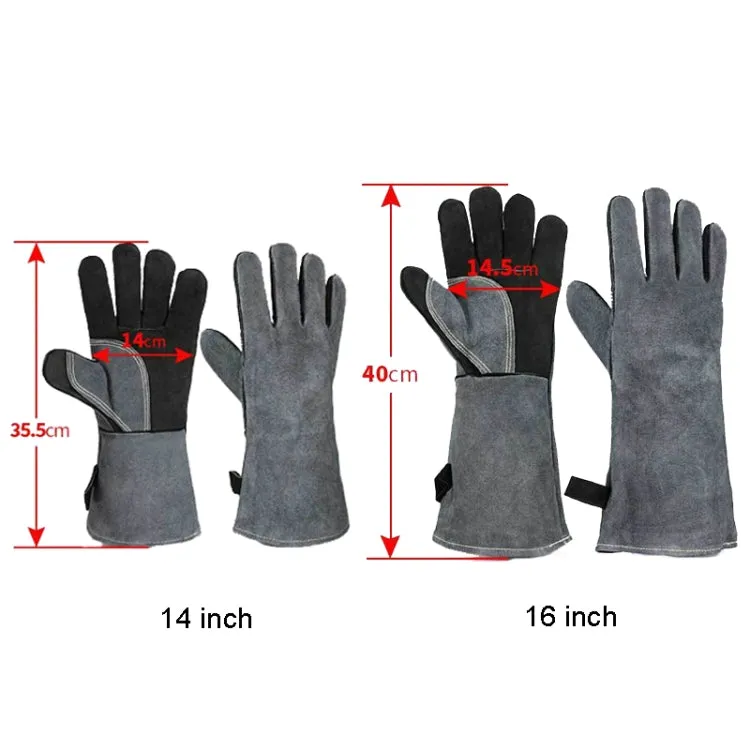 Cowhide BBQ Gloves Thickened Anti-hot Oven Welding Protection Gloves, Specification: A2416 14 inch Gray