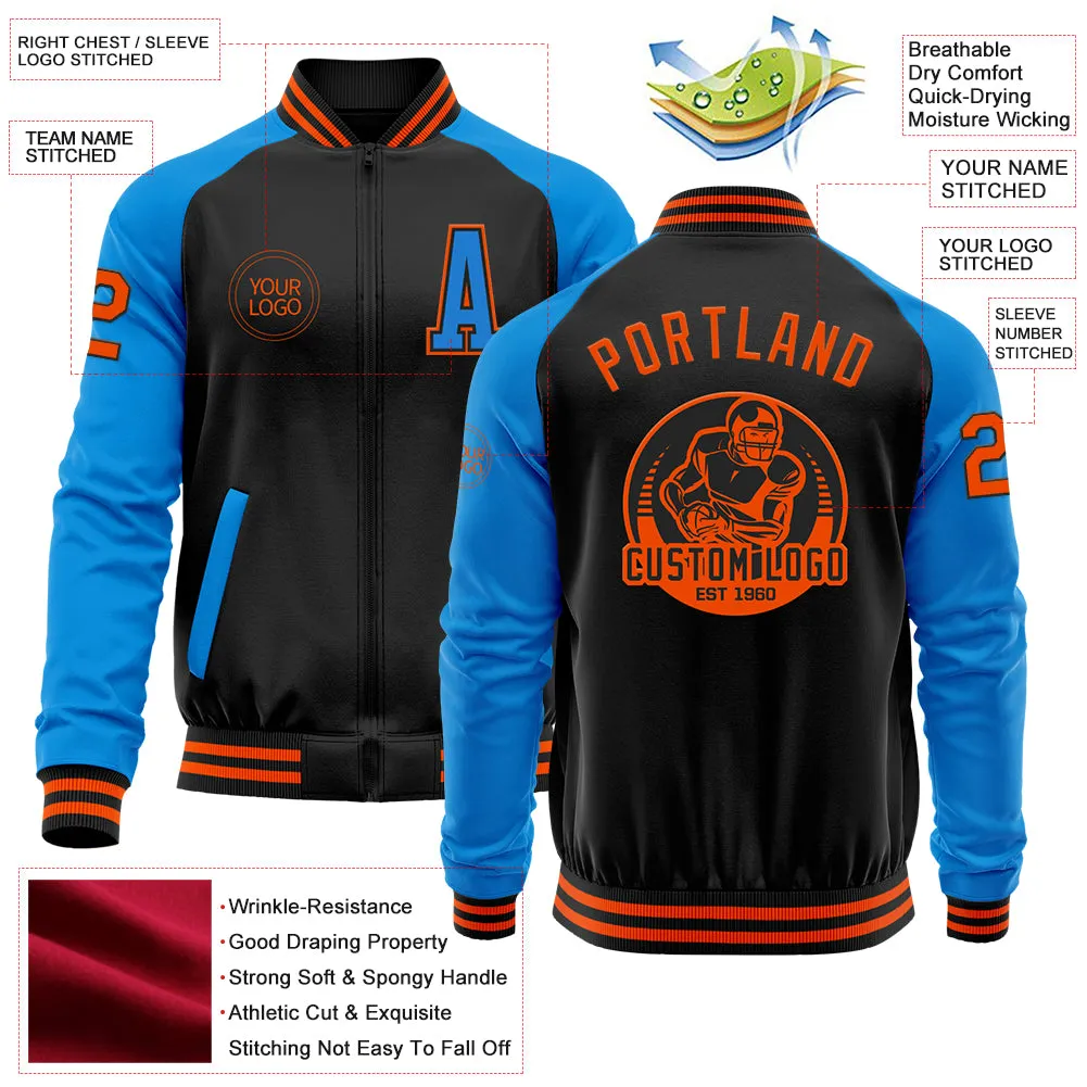 Custom Black Orange-Powder Blue Bomber Varsity Letterman Two Tone Zipper Jacket