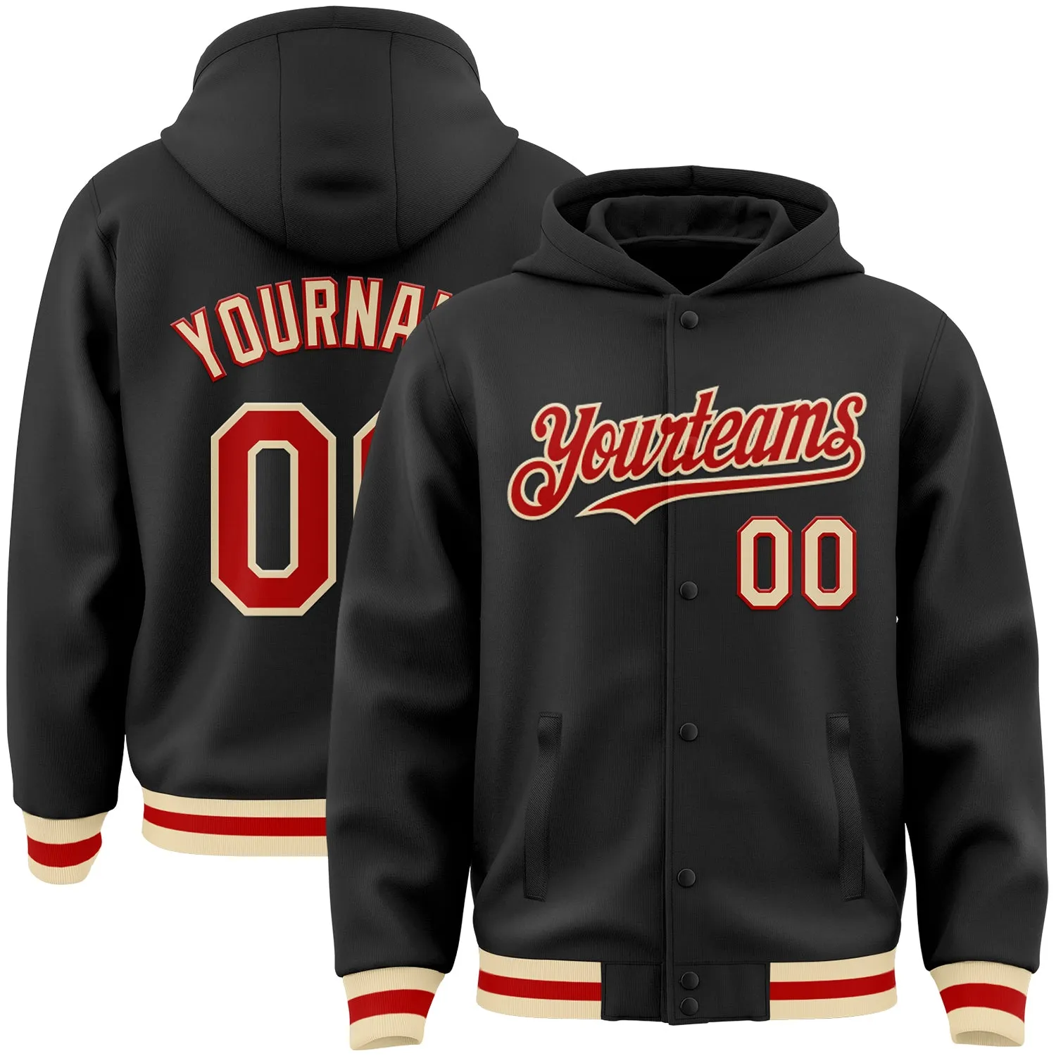 Custom Black Red-Cream Bomber Full-Snap Varsity Letterman Hoodie Jacket