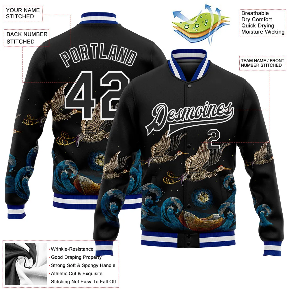 Custom Black Royal-White Heron And Wave 3D Pattern Design Bomber Full-Snap Varsity Letterman Jacket