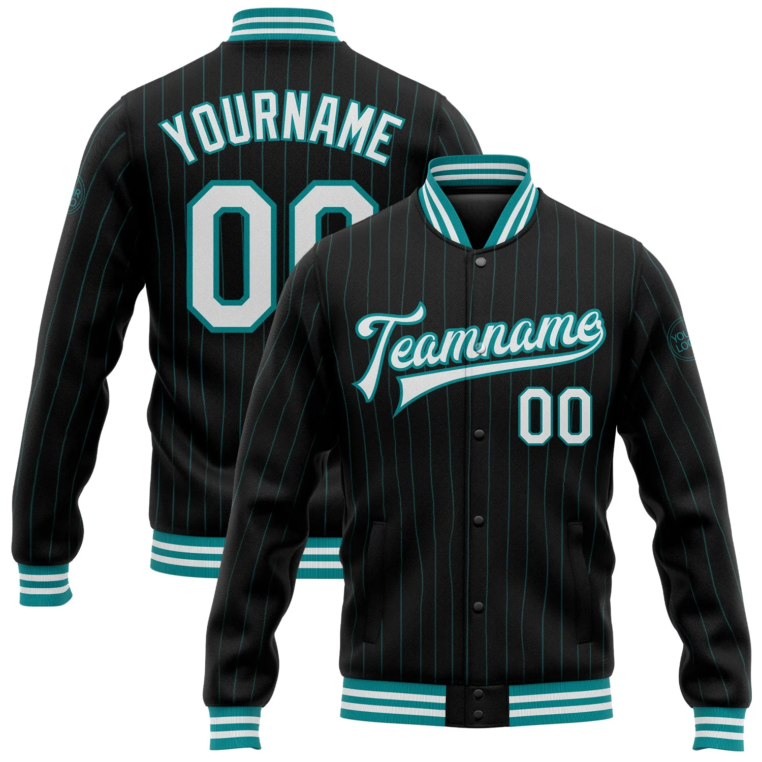 Custom Black Teal Pinstripe White Bomber Full-Snap Varsity Letterman Jacket