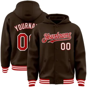 Custom Brown Red-White Bomber Full-Snap Varsity Letterman Hoodie Jacket