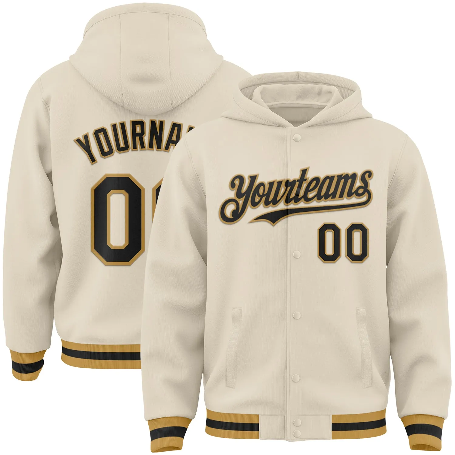 Custom Cream Black-Old Gold Bomber Full-Snap Varsity Letterman Hoodie Jacket