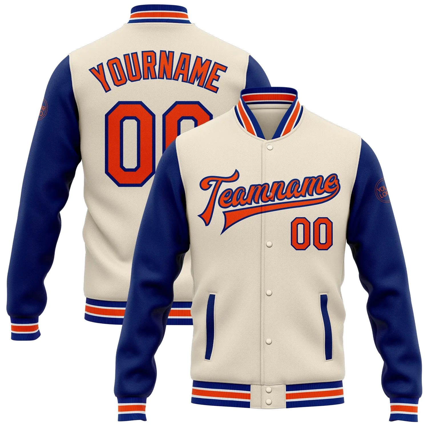 Custom Cream Orange-Royal Bomber Full-Snap Varsity Letterman Two Tone Jacket