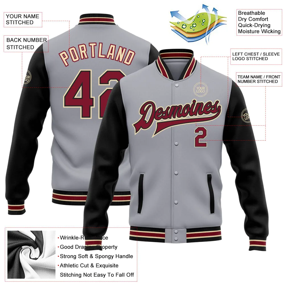 Custom Gray Crimson Black-City Cream Bomber Full-Snap Varsity Letterman Two Tone Jacket