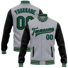 Custom Gray Kelly Green-Black Bomber Full-Snap Varsity Letterman Two Tone Jacket