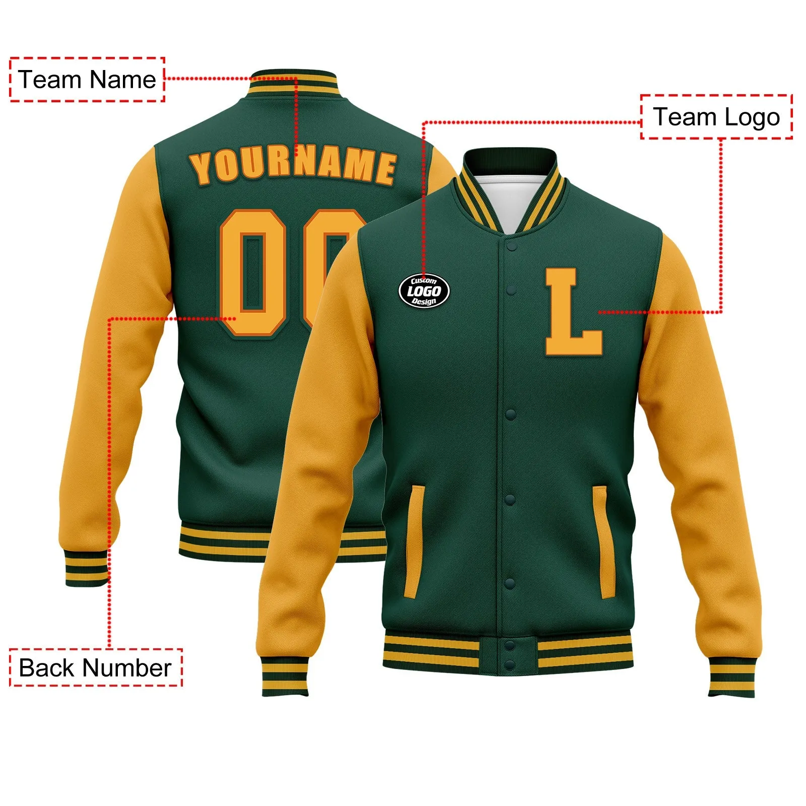 Custom Green Yellow Jacket Bomber Full-Snap Varsity Letterman Personalized Jacket FZ005-D020255-9