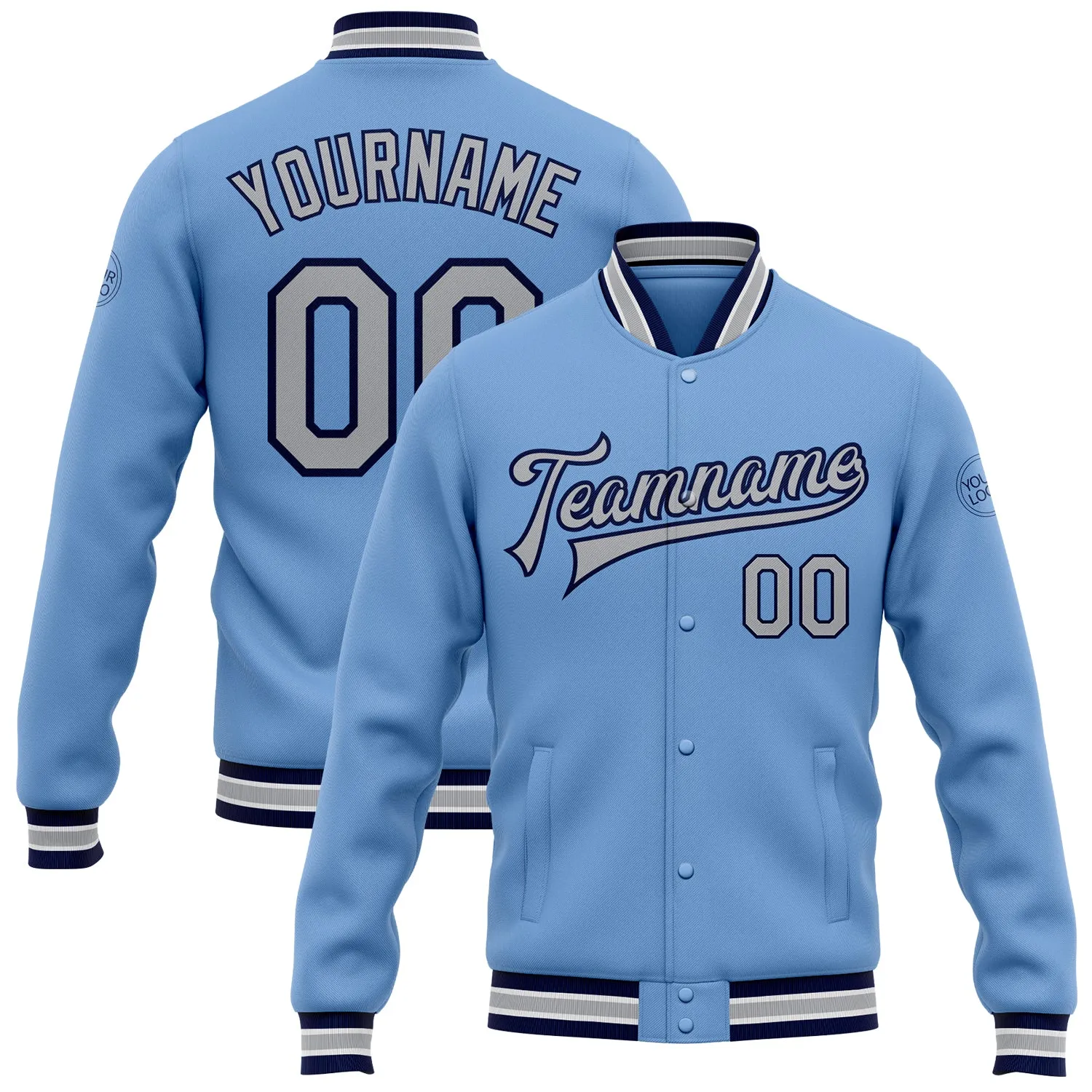 Custom Light Blue Gray-Navy Bomber Full-Snap Varsity Letterman Jacket