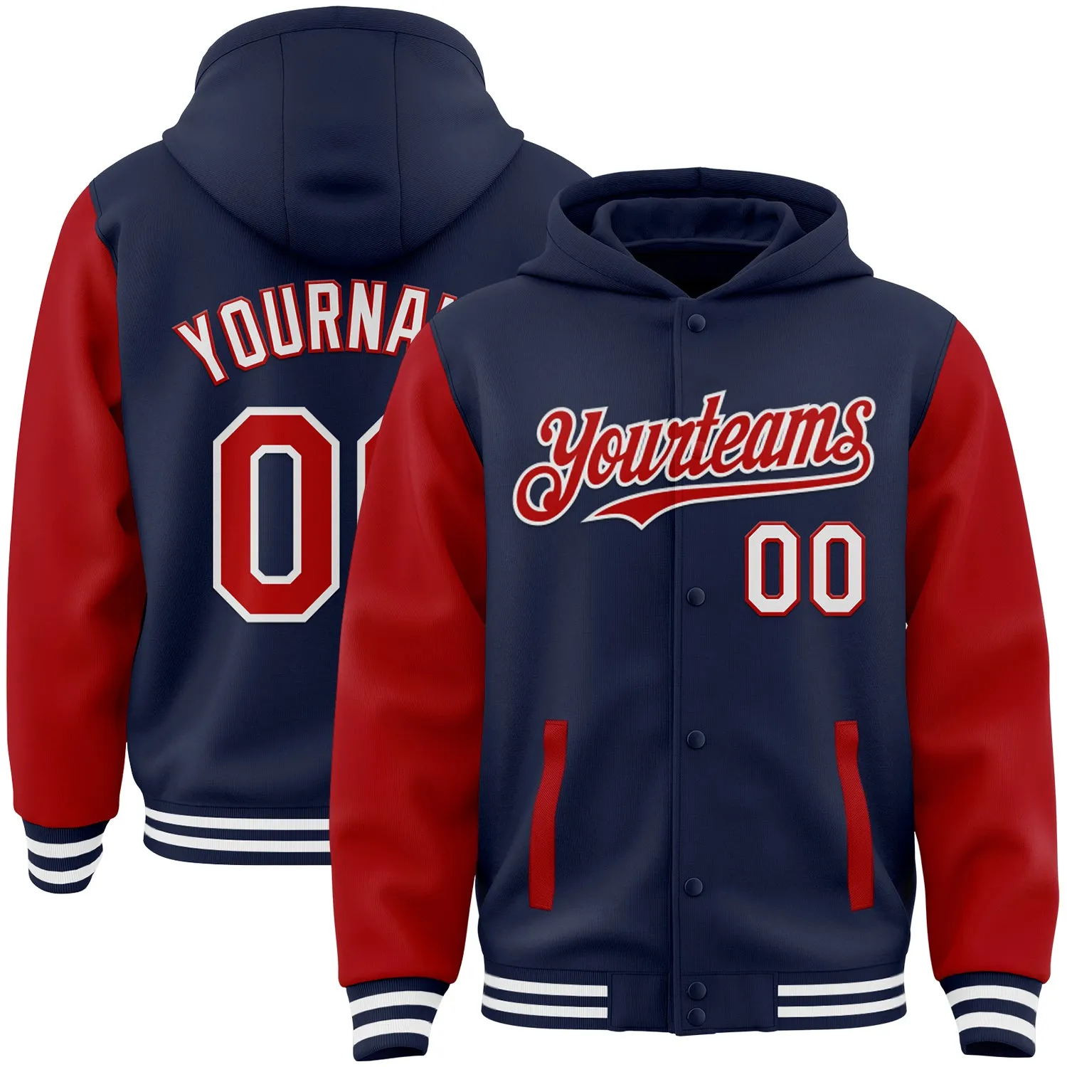 Custom Navy Red-White Bomber Full-Snap Varsity Letterman Two Tone Hoodie Jacket