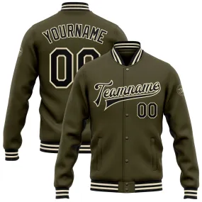 Custom Olive Black-Cream Bomber Full-Snap Varsity Letterman Salute To Service Jacket