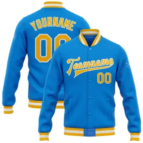 Custom Powder Blue Gold-White Bomber Full-Snap Varsity Letterman Jacket