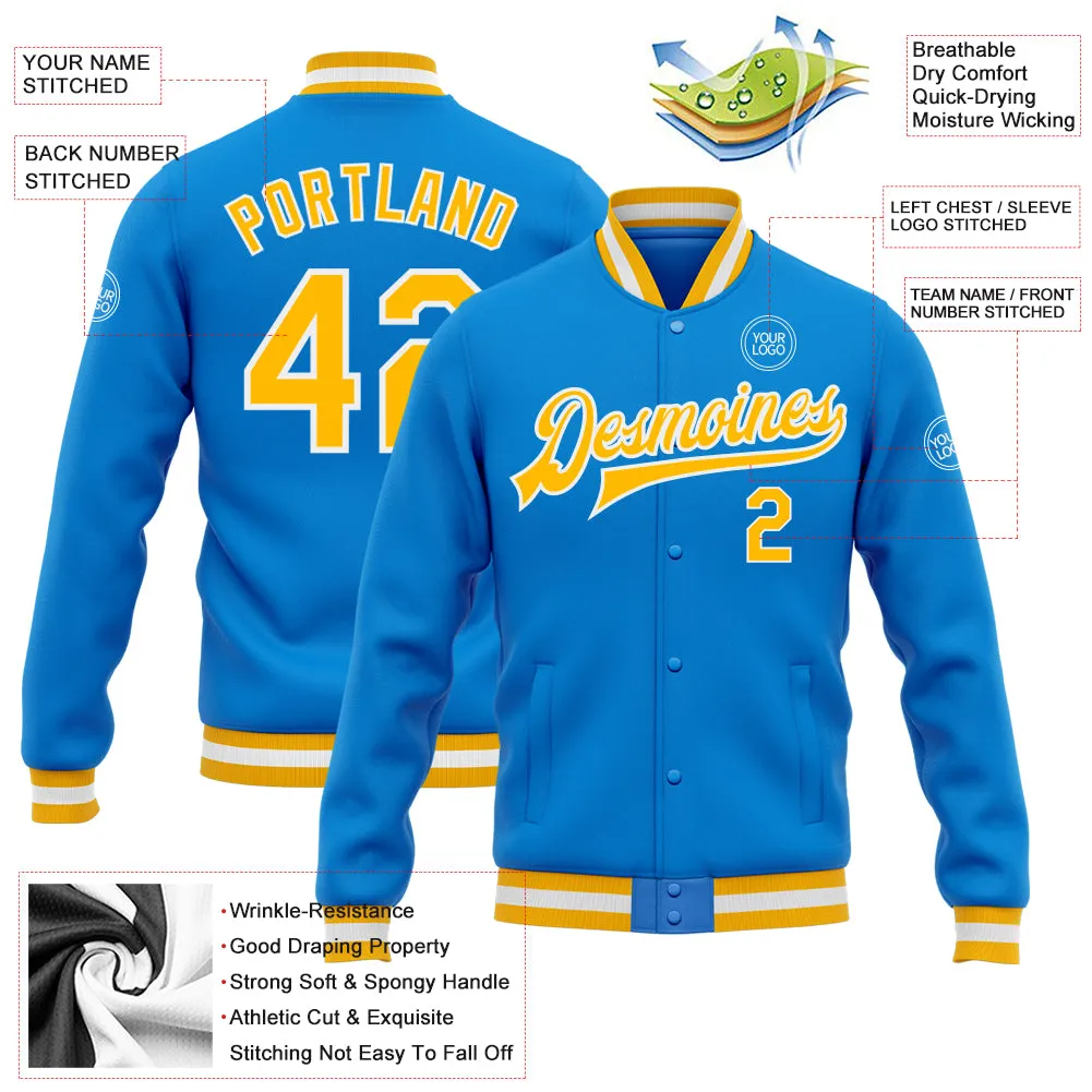 Custom Powder Blue Gold-White Bomber Full-Snap Varsity Letterman Jacket