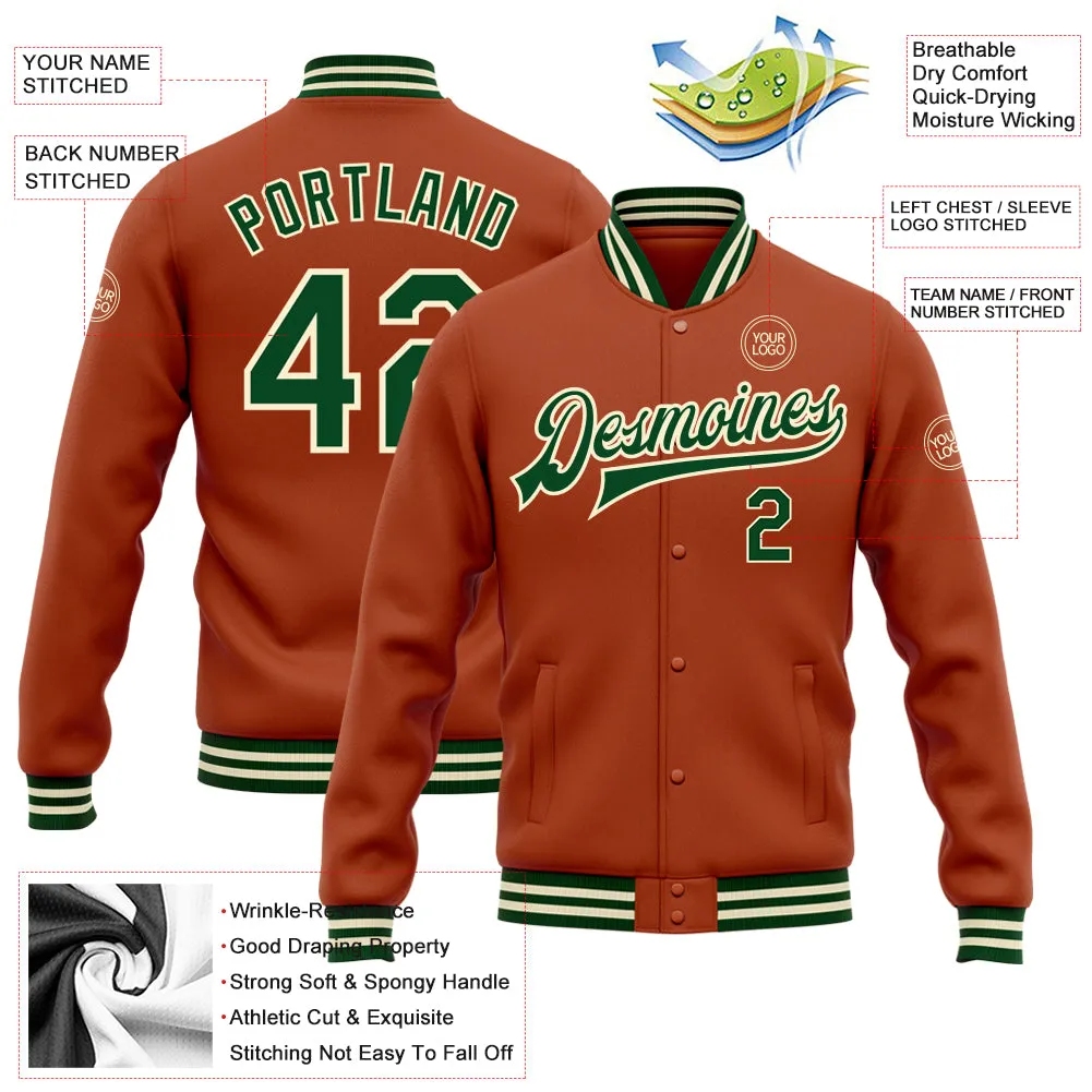 Custom Texas Orange Green-Cream Bomber Full-Snap Varsity Letterman Jacket