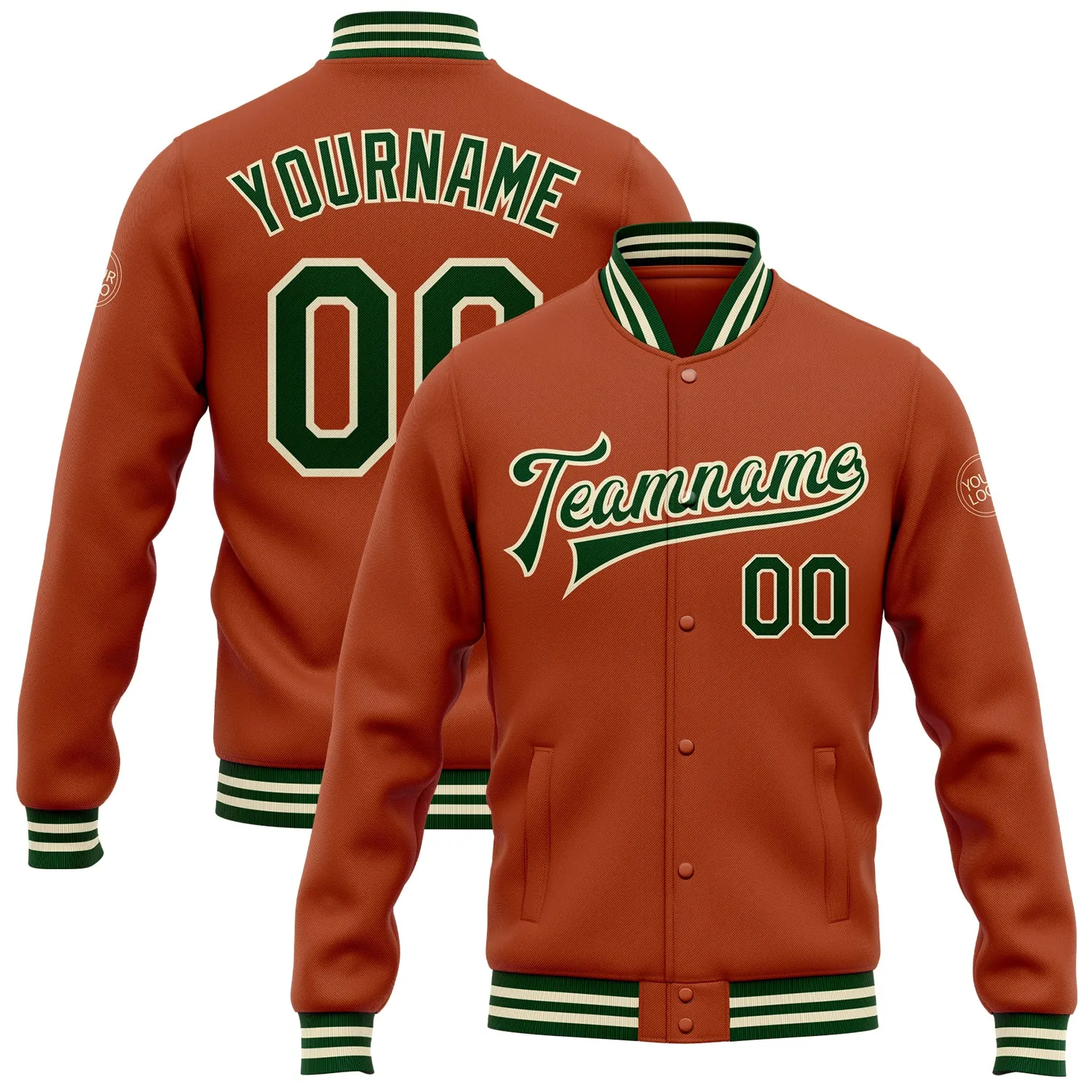 Custom Texas Orange Green-Cream Bomber Full-Snap Varsity Letterman Jacket