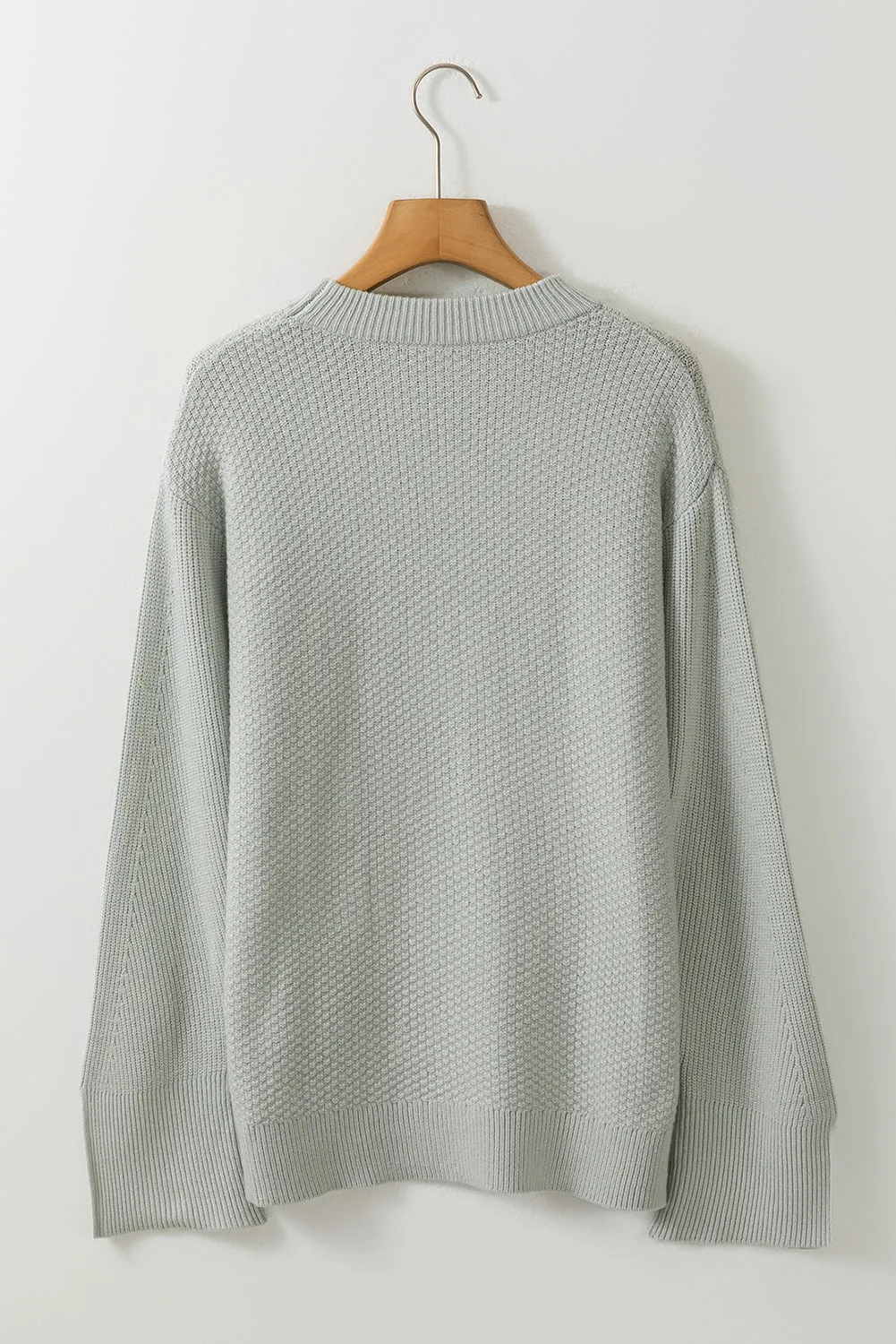 Dark Green Textured Knit Split Cuff Drop Shoulder Loose Sweater