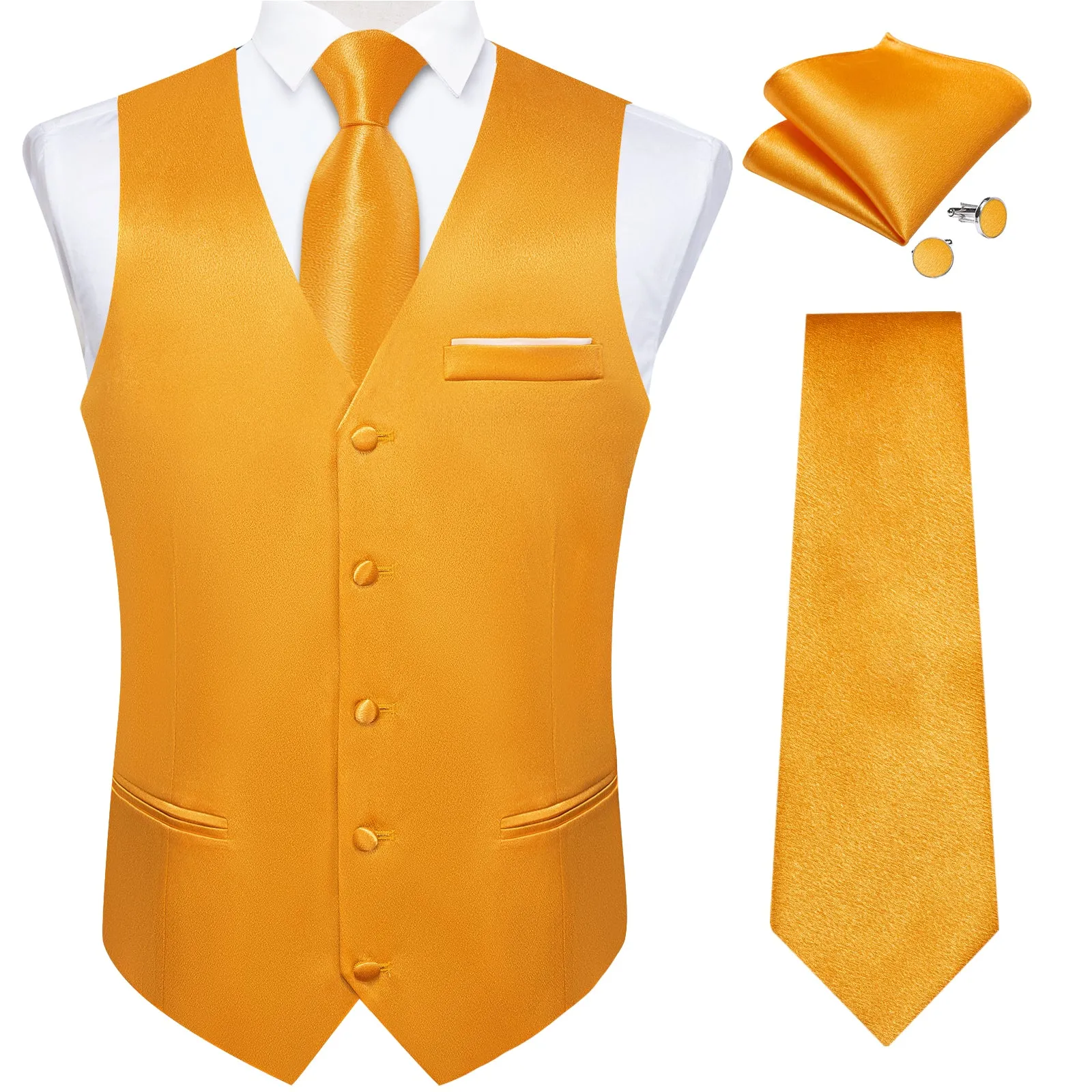 Deep Yellow Solid Shining Silk Men Vest Necktie Bow Tie Handkerchief Cufflinks Set