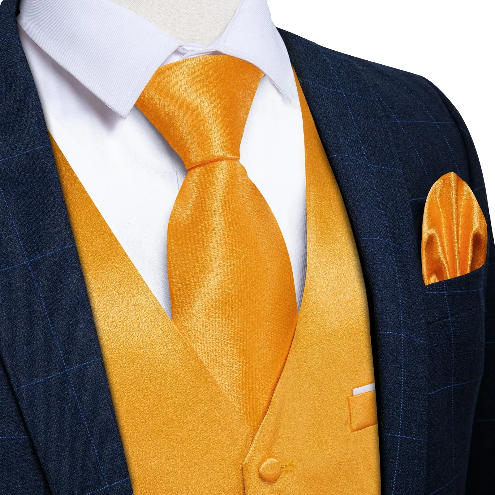 Deep Yellow Solid Shining Silk Men Vest Necktie Bow Tie Handkerchief Cufflinks Set