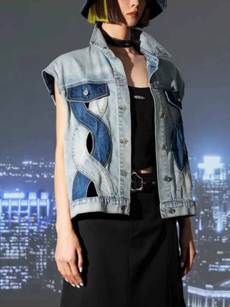 Denim Waistcoat For Women Lapel Sleeveless Hollow Out Spliced Single Breasted Waistcoats Female Fashion Clothing