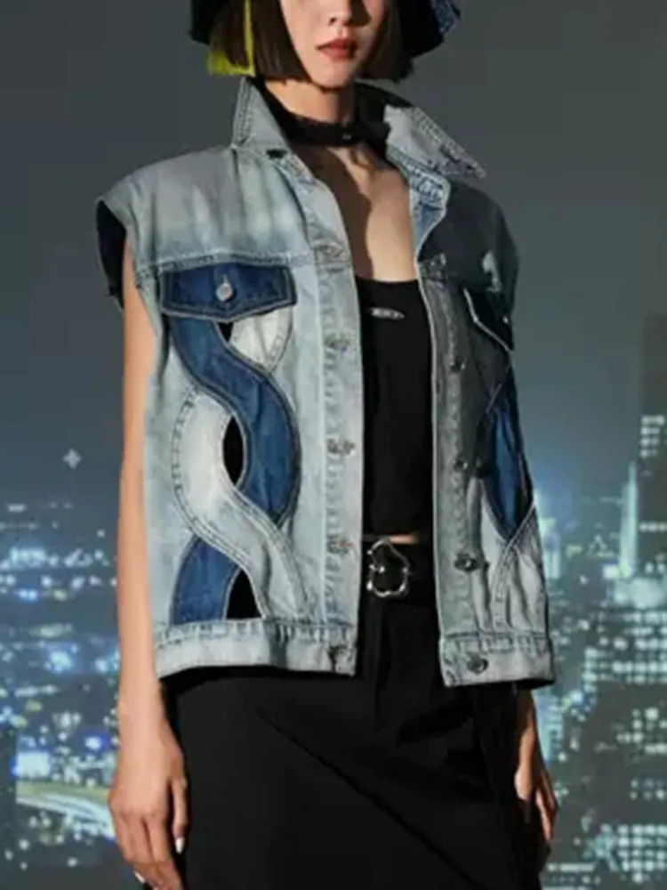 Denim Waistcoat For Women Lapel Sleeveless Hollow Out Spliced Single Breasted Waistcoats Female Fashion Clothing