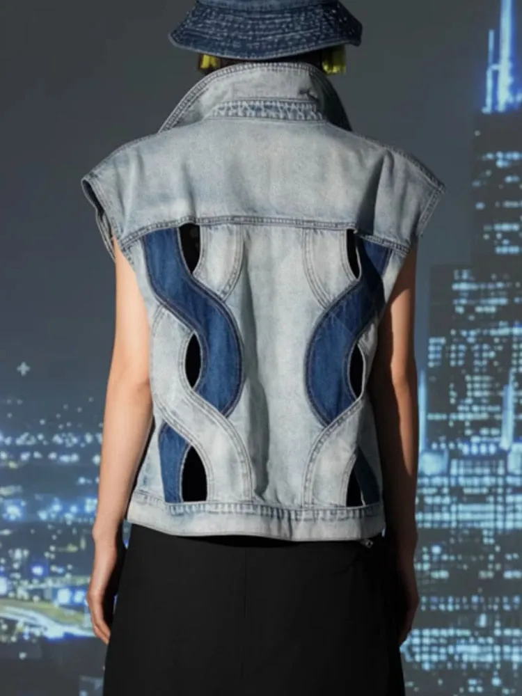 Denim Waistcoat For Women Lapel Sleeveless Hollow Out Spliced Single Breasted Waistcoats Female Fashion Clothing