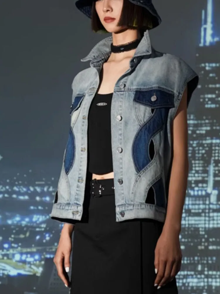 Denim Waistcoat For Women Lapel Sleeveless Hollow Out Spliced Single Breasted Waistcoats Female Fashion Clothing