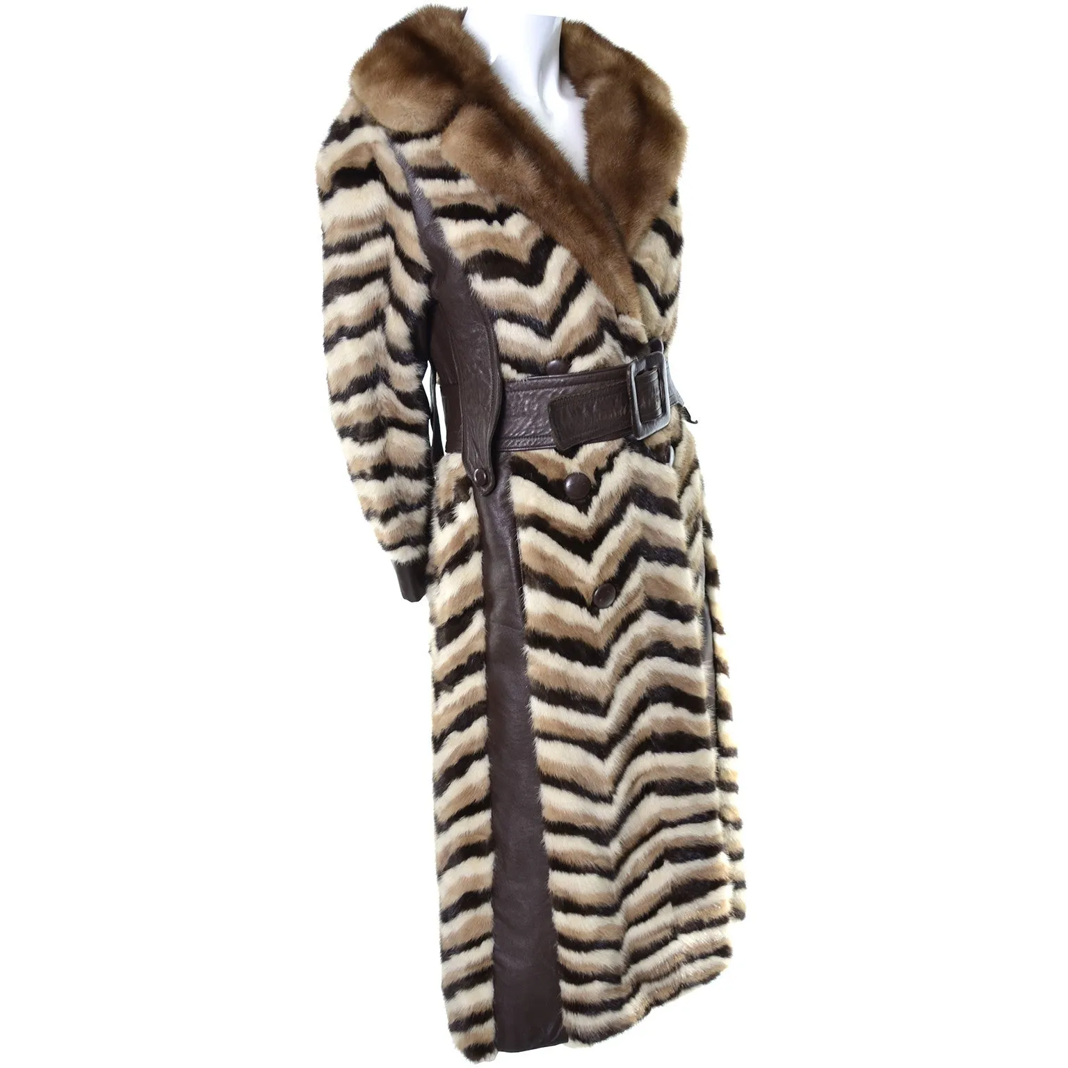 Donald Brooks 1960s Boutique Chevron Mink Fur and Leather Vintage Coat