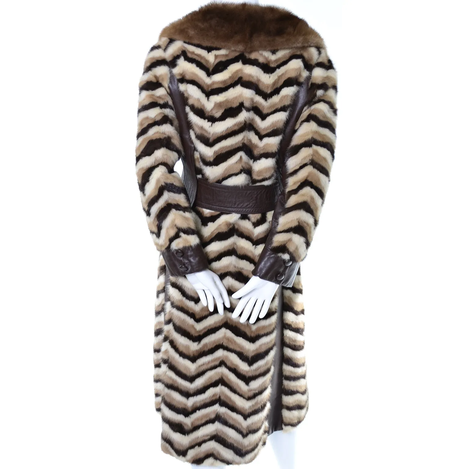 Donald Brooks 1960s Boutique Chevron Mink Fur and Leather Vintage Coat