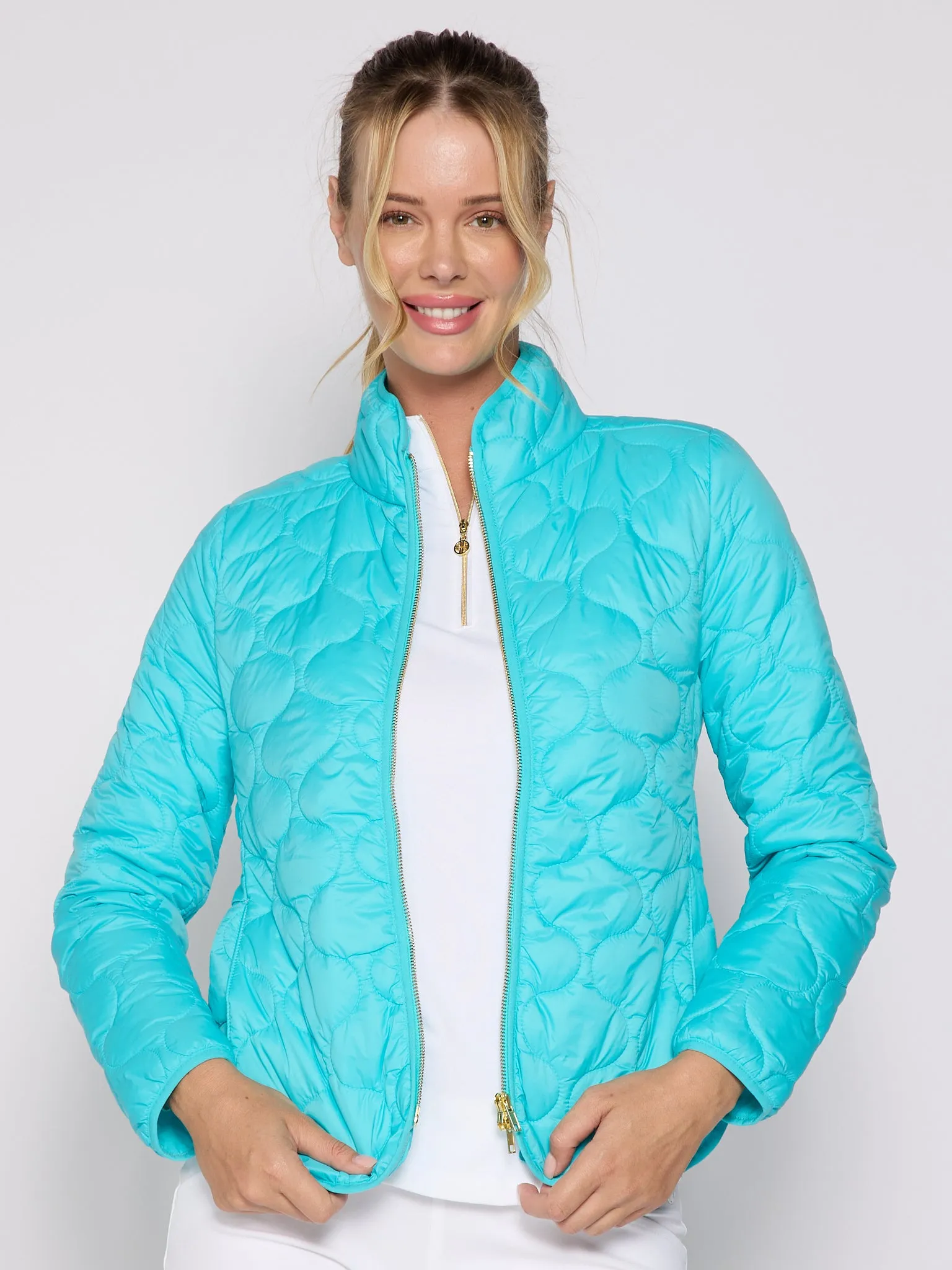 Double Zipper Padded Jacket in Caribbean Turquoise