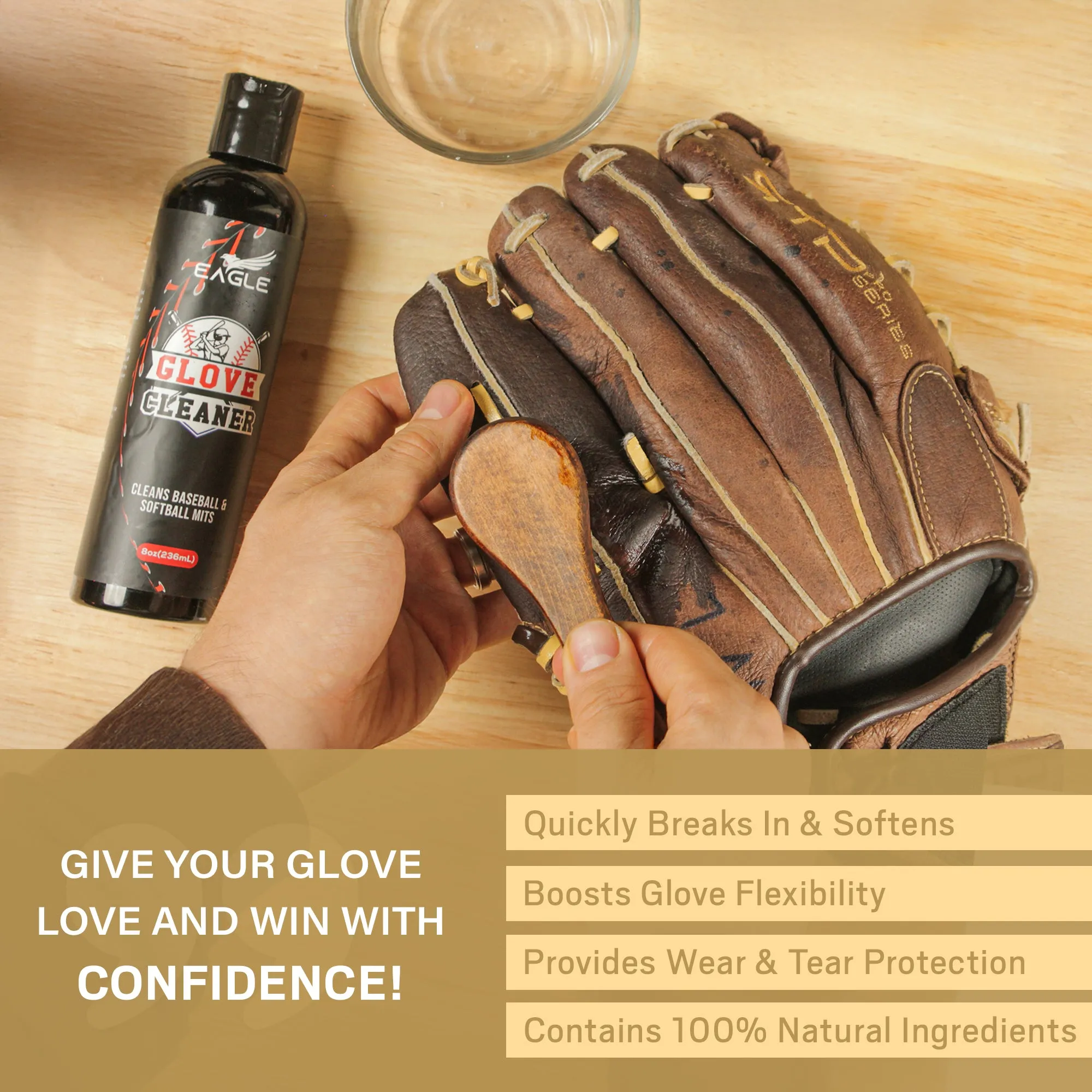 Eagle Baseball Glove Care Kit - Includes Glove Oil (8oz), Conditioner (3.38oz), Cleaner (8oz), 2 Applicators & Cloth, 6-Piece Full Care Kit for Baseball Gloves, Football Gloves & More