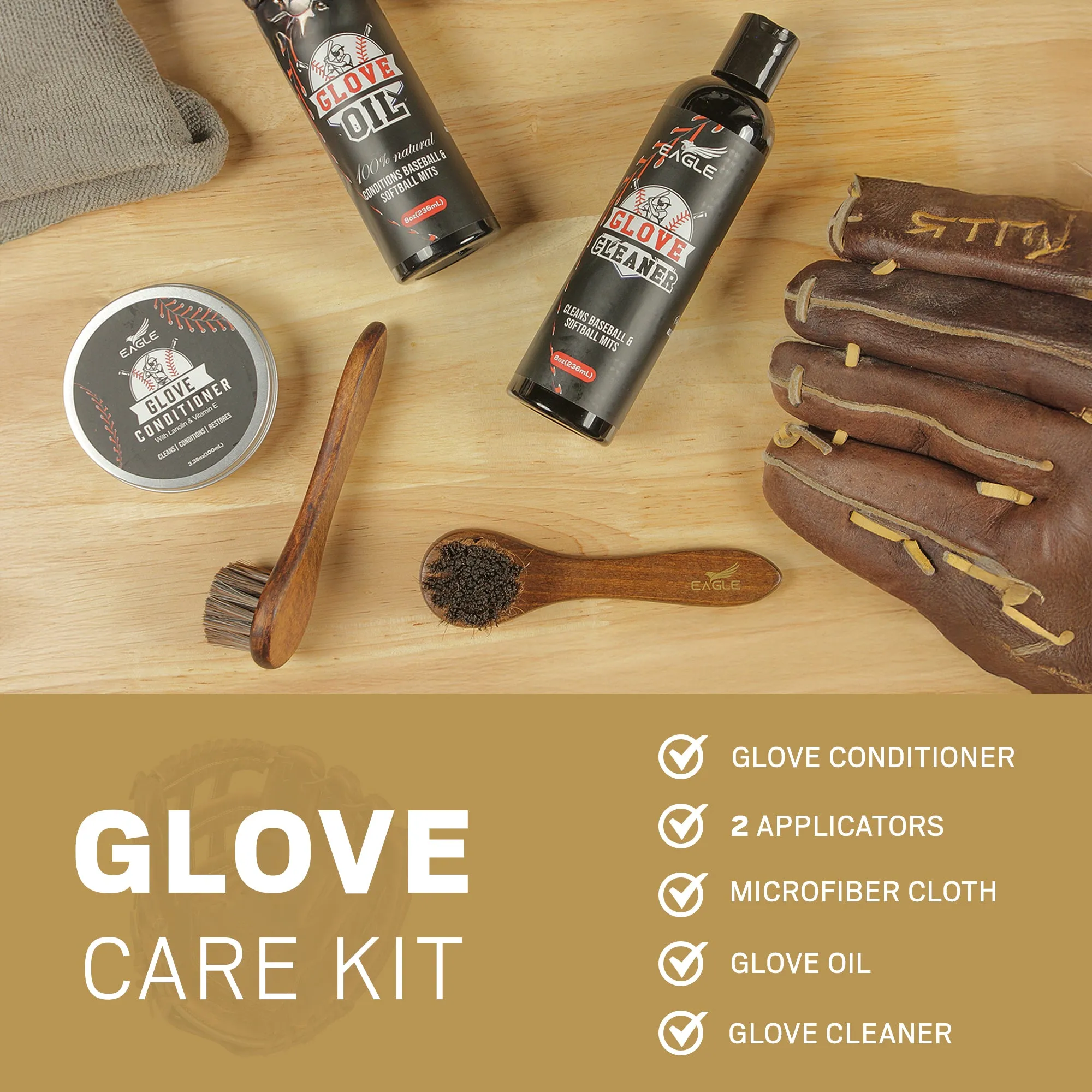 Eagle Baseball Glove Care Kit - Includes Glove Oil (8oz), Conditioner (3.38oz), Cleaner (8oz), 2 Applicators & Cloth, 6-Piece Full Care Kit for Baseball Gloves, Football Gloves & More