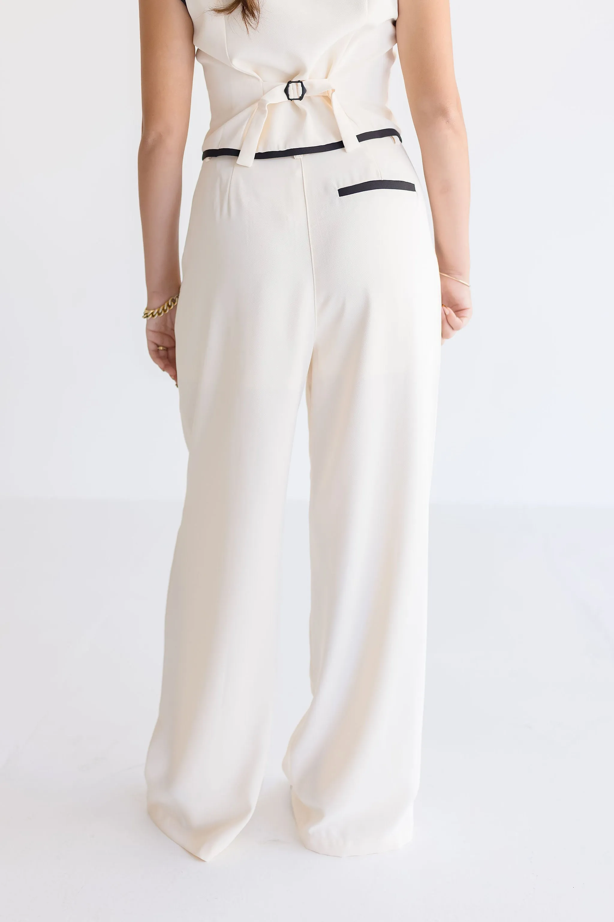 Elena Double Breasted Contrasting Edge Vest And Pants Set Cream