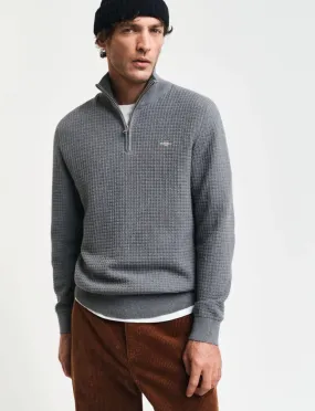 GANT - Cotton Textured Half Zip, Dark Grey Melange