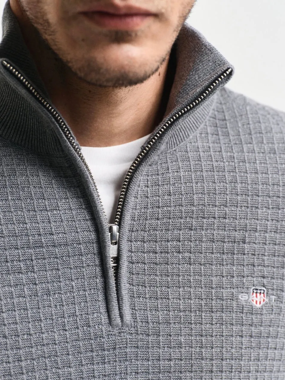 GANT - Cotton Textured Half Zip, Dark Grey Melange