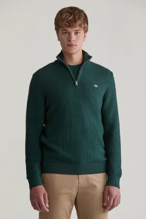 GANT - Cotton Textured Half Zip, Tartan Green