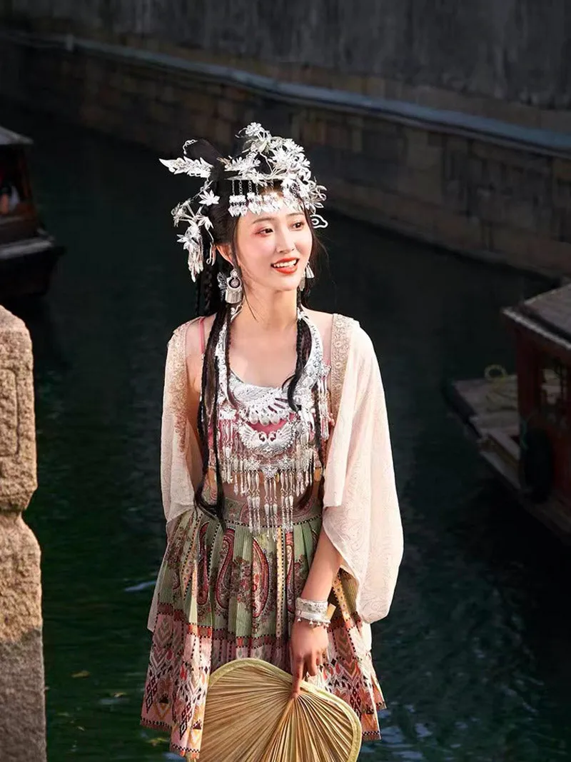 Girl Picking Water Chestnut in the River -  Morden Miao Ethnic Minority Hanfu Skirt Set