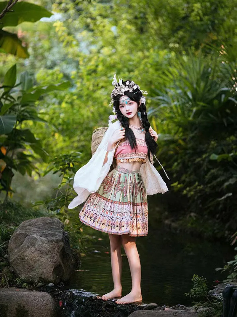 Girl Picking Water Chestnut in the River -  Morden Miao Ethnic Minority Hanfu Skirt Set