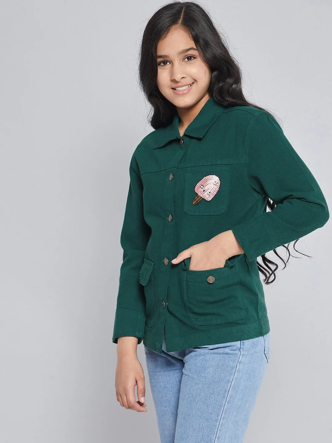 Girls Green Ice Cream Patch Denim Jacket