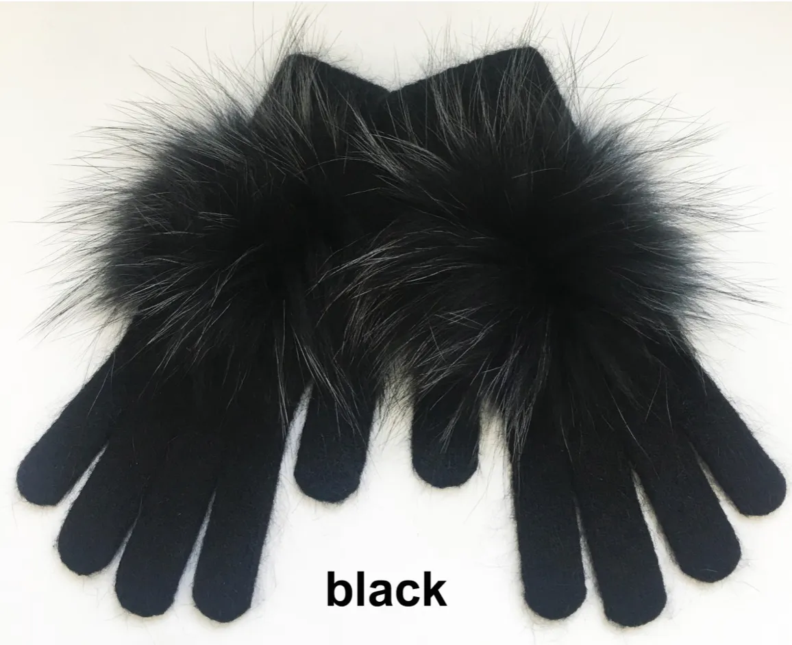 Gloves, Angora Wool with Genuine Fur Pom, Multiple Colors - Linda Richards - Style GL04