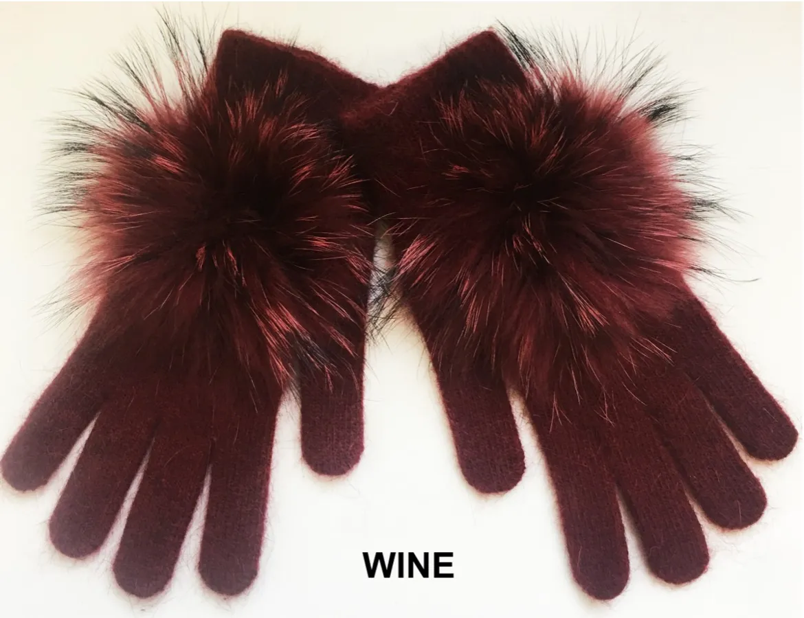 Gloves, Angora Wool with Genuine Fur Pom, Multiple Colors - Linda Richards - Style GL04