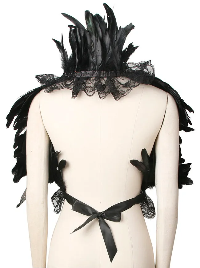 Gothic Natural Feather Shawl Cape Crow Costume Shrug Accessory with Rose Necklace