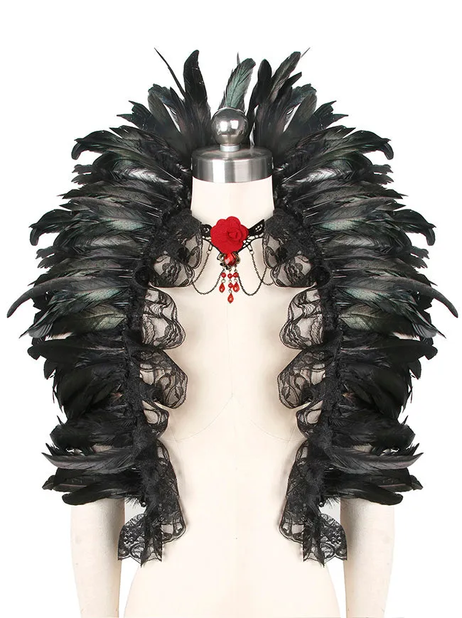 Gothic Natural Feather Shawl Cape Crow Costume Shrug Accessory with Rose Necklace