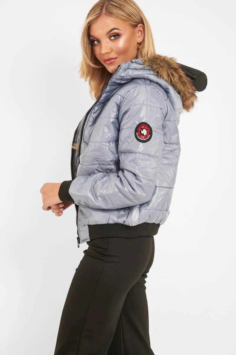 Grey Faux Fur Hooded Puffer Coat - Kamorah