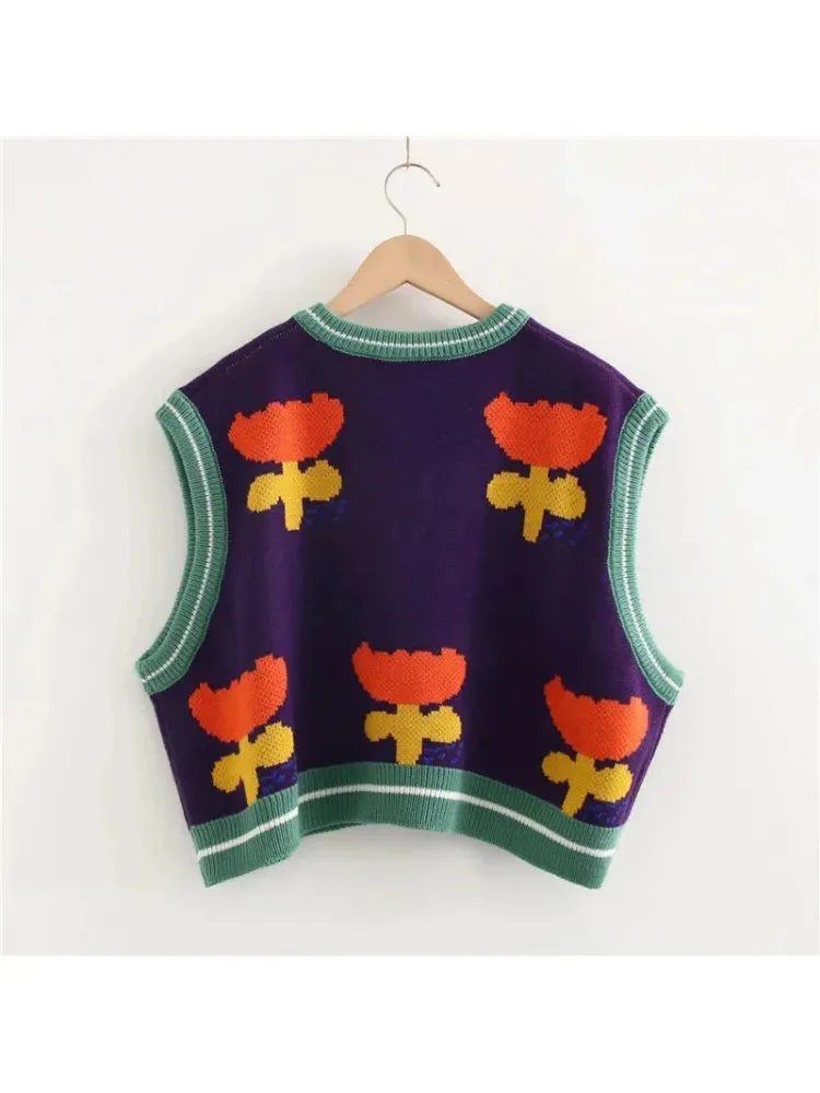 High Quality Women's Floral Embroidery Knitted Sweaters Sleeveless Vest Winter Warm V-Neck Female Jumpers Pullovers