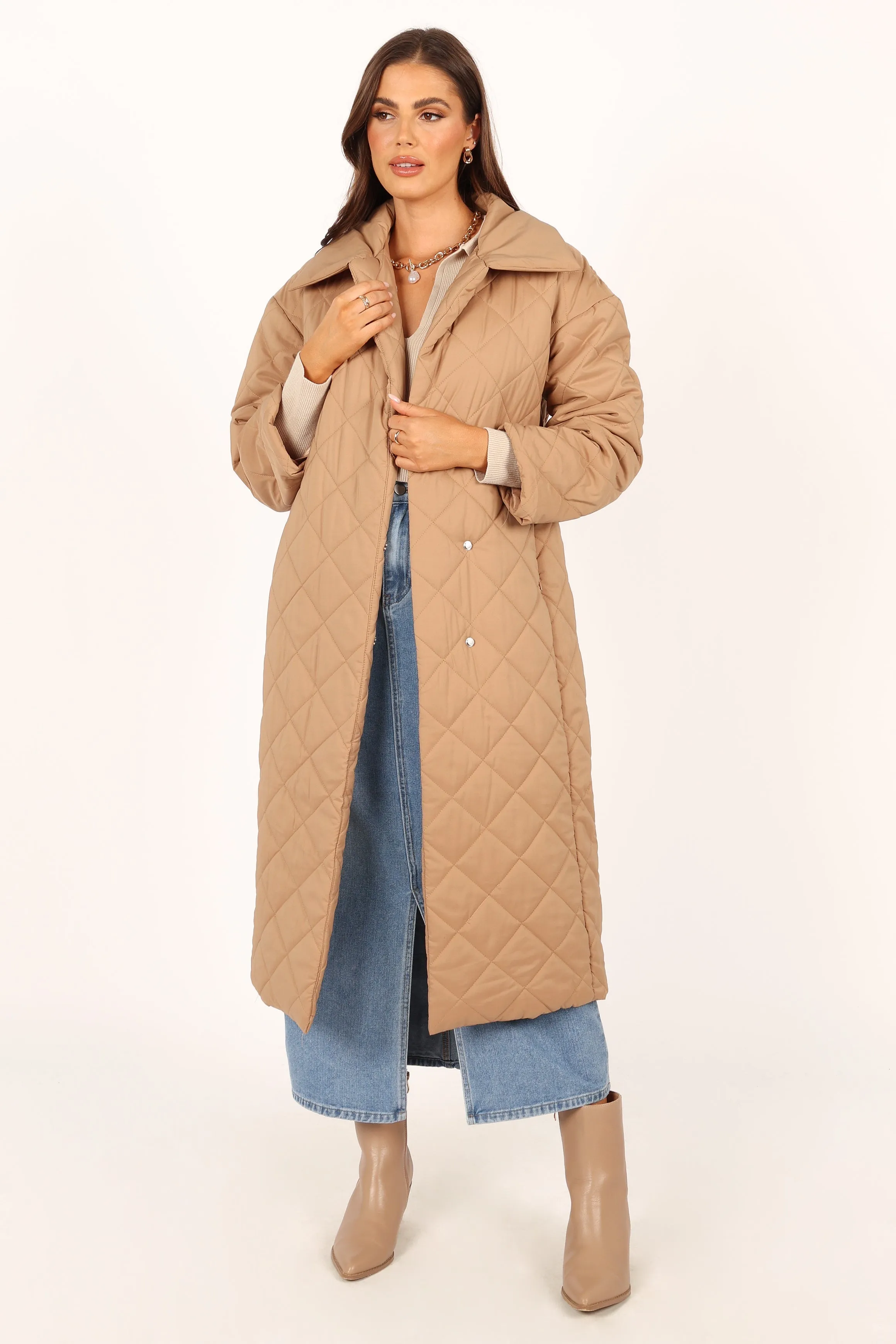 Kallie Quilted Tie Front Coat - Camel